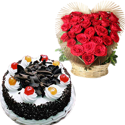 "Round shape chocolate cake - 1kg, Heart Shape Flower Arrangement - Click here to View more details about this Product